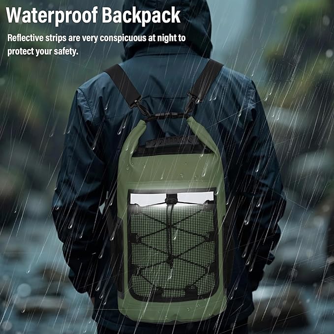 Pimoys Dry Bag, 25L Waterproof Backpack, Roll-Top Dry Bags Kayak, Outdoor Travel Bag for Boating, Kayaking, Camping, Fishing, Hiking, Rafting(Forest Green