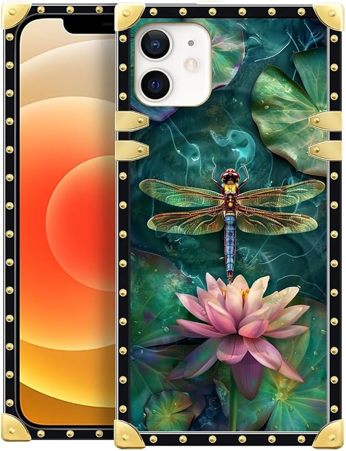 Compatible with iPhone 11 Case, Colourful Dragonfly Pink Lily Pads Luxury Golden Decoration for Girl Women Soft TPU Shockproof Protective Hard PC Back for iPhone 11