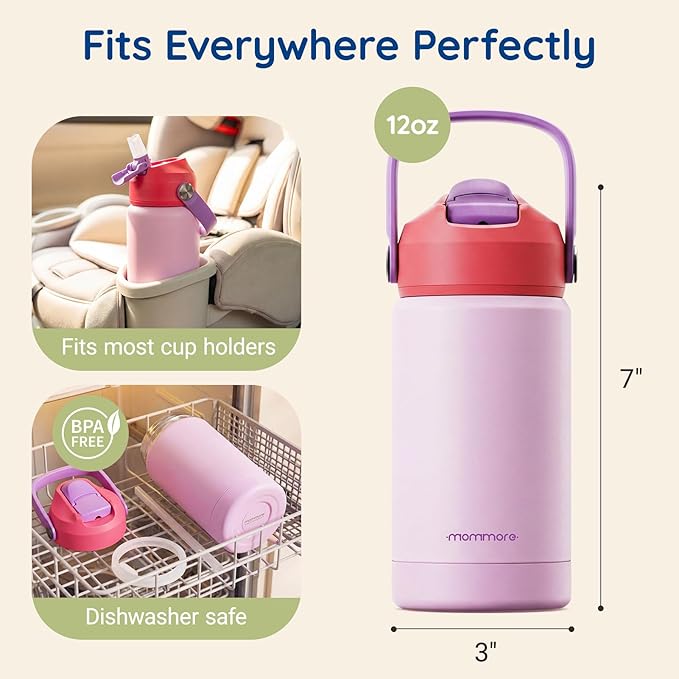 Mommore Kids Water Bottle 12 oz, Insulated Stainless Steel Water Bottle with Straw, Leakproof & BPA-Free, Vacuum Insulated Travel Water Bottle for School, Outdoor Strawberry-1 Pc