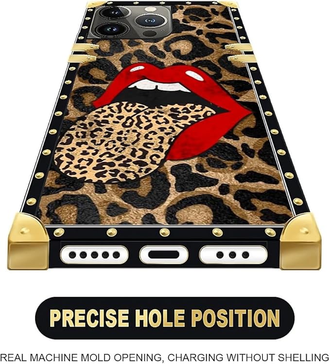Compatible with iPhone 15 Pro Case, Brown Leopard Print Mouth Luxury Golden Decoration for Girl Women Soft TPU Shockproof Protective Hard PC Back for iPhone 15 Pro