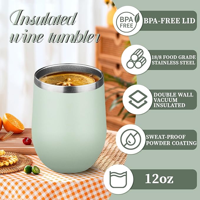 12oz Stemless Wine Tumbler with Lid Double Wall Insulated Wine Cup Stainless Steel Glasses Tumbler with Straw Insulated cocktail Tumbler Coffee Mug for Hot and Cold Beverages (Multicolor-6,4Pack)