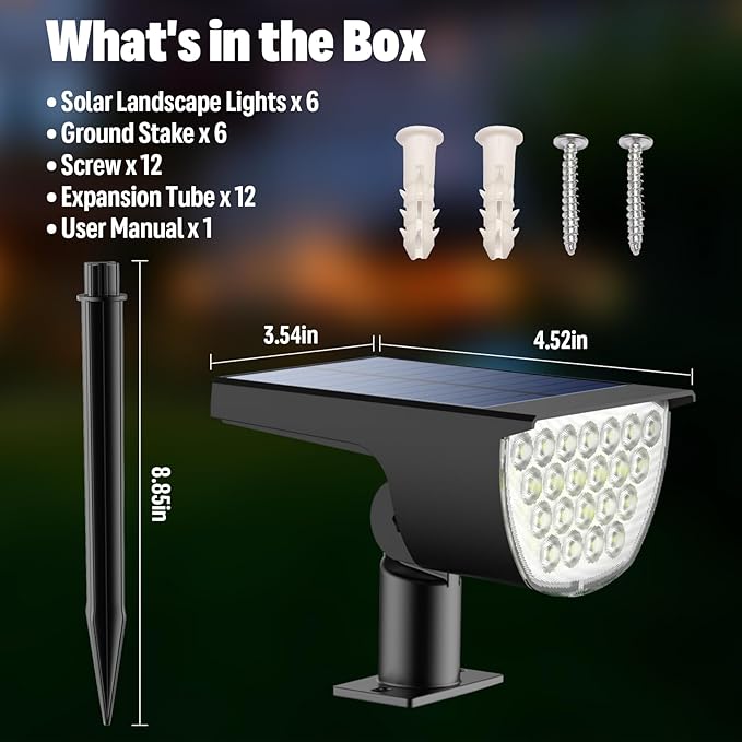 GKGG Solar Lights Outdoor Waterproof IP65, Solar Powered 76 LED 3 Lighting Modes Solar Spot Lights Outdoor for Yard Garden Landscape Pathway (Cool White, 6 Pack)