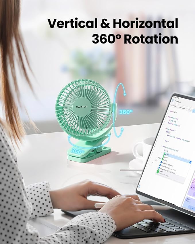 Gaiatop Portable Clip on Fan Battery Operated, Small Powerful 3 Speed Quiet 360° Rotate, USB Rechargeable Mini Personal Cooling Fan for Desk Table Home Office Stroller Camping Women Gifts Green