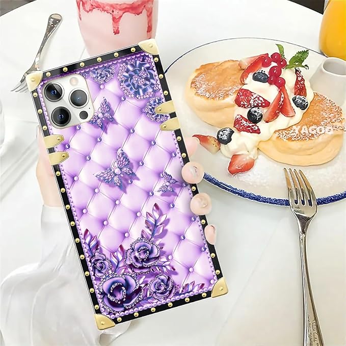 Compatible with iPhone 12 Case, Purple Butterfly Flowers Leaf Luxury Golden Decoration for Girl Women Soft TPU Shockproof Protective Hard PC Back for iPhone 12 Pro