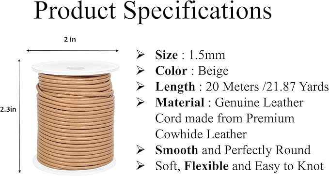GENIQUE Real/Genuine Round Leather String Cord for Necklace, Bracelets, Jewellery, Braiding (Beige, 1.5mm)