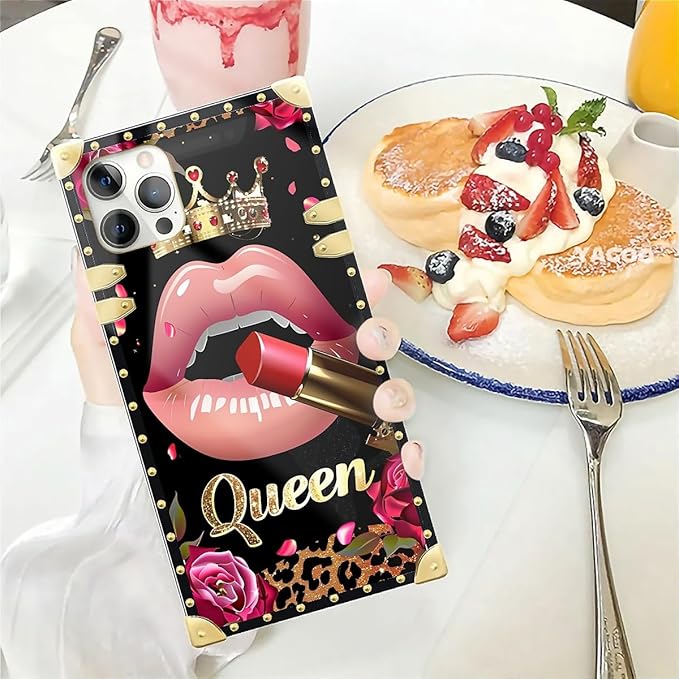 Compatible with iPhone 12 Pro Max Case, Glitter Red Rose Queen Leopard Lipstick Luxury Golden Decoration for Girl Women Soft TPU Shockproof Protective Hard PC Back