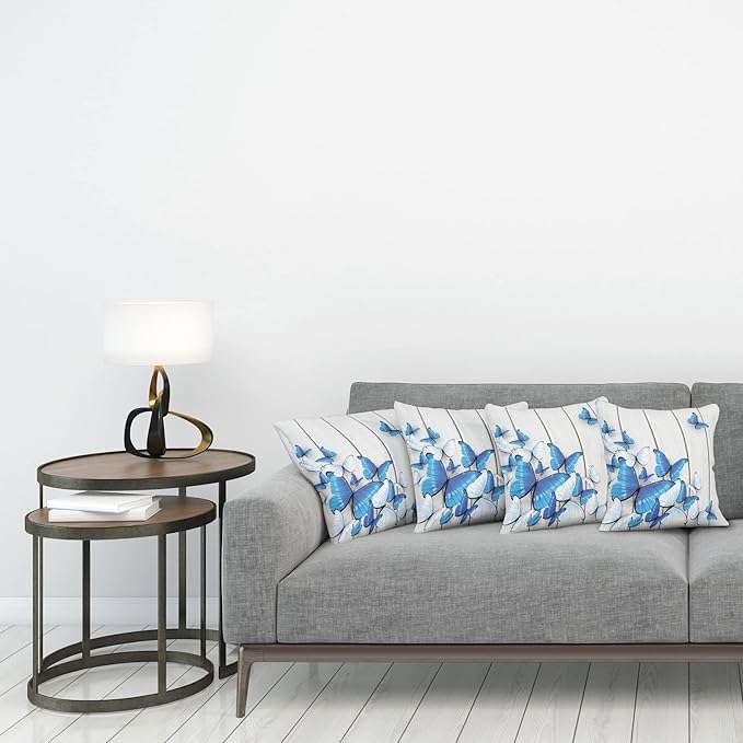 Ambesonne Butterflies Throw Pillow Cushion Case Pack of 4, Blue and White Butterflies on Wooden Background Timber Wall Rustic Life, Modern Accent Double-Sided Digital Printing, 18", Grey White