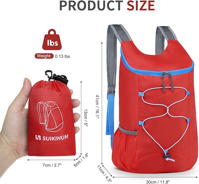 20L Hiking-Daypack Lightweight Foldable Travel Packable Backpack for Camping Cycling Outdoor, Red
