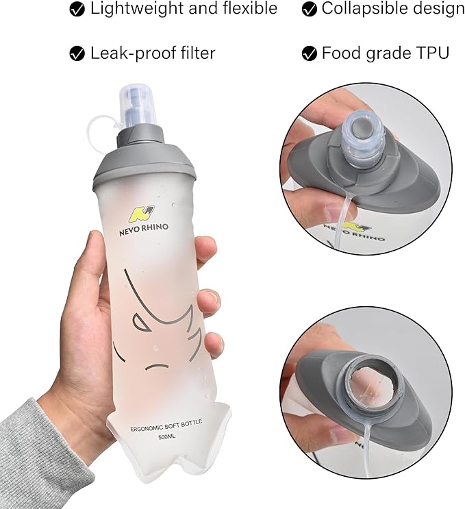 N NEVO RHINO 2PCS Soft Flask, 17oz/500ml TPU Running Water Bottle for Hydration Vests and Running Packs, Leak-proof BPA-Free Collapsible Water Bottles for Running, Hiking, Cycling, Climbing