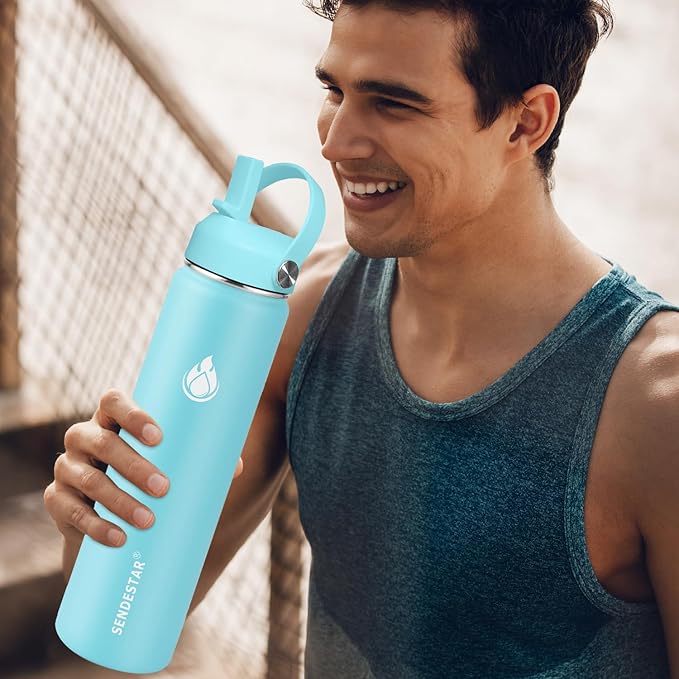 SENDESTAR Stainless Steel Wide Mouth Water Bottle 24oz Double Wall Vacuum Insulated Leak Proof Bottle with New Flex Straw Lid & Spout Lid