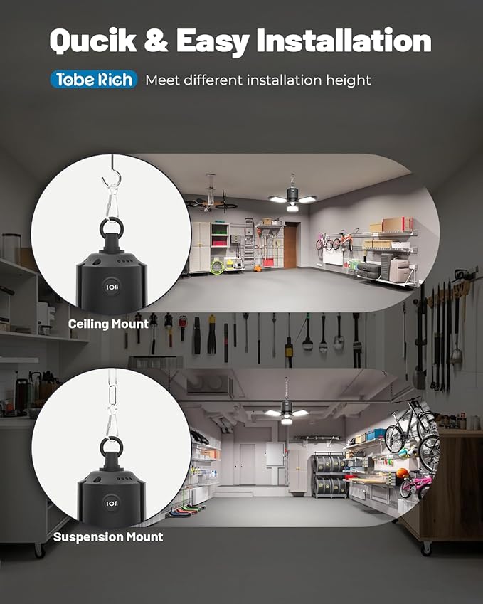 toberich 4 Pack Plug in Motion Sensor Garage Light - 8000LM Shop Light with 3 Modes, 3 Deformable LED Panels, 6500K Indoor Motion Sensor Light Bulb for Garage, Laundry Room, Basement