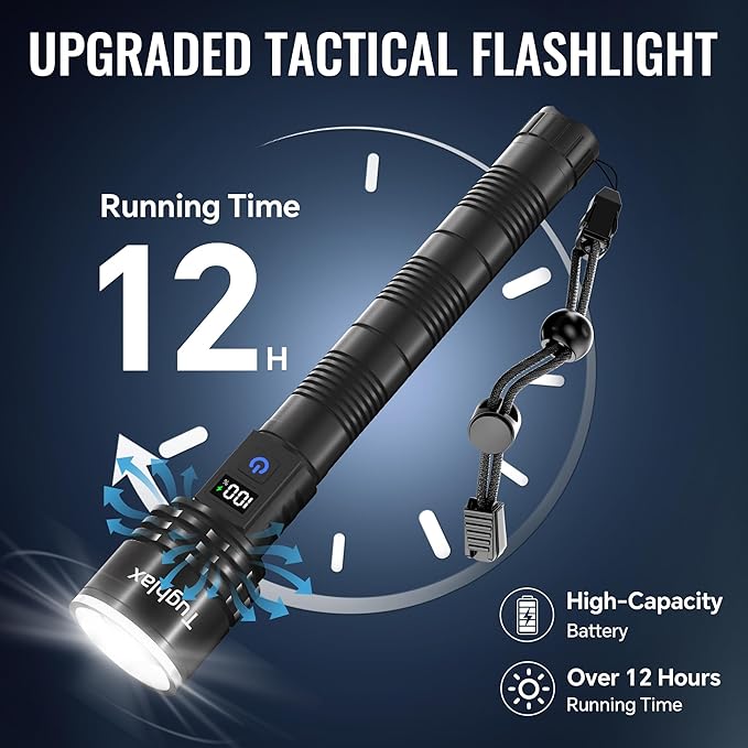 Rechargeable Flashlights High Lumens, 90,000 Lumens Super Bright LED Flashlight Tactical Flashlight with LCD Digital Display, 5 Modes Zoomable Waterproof Powerful Handheld Flashlight for Home