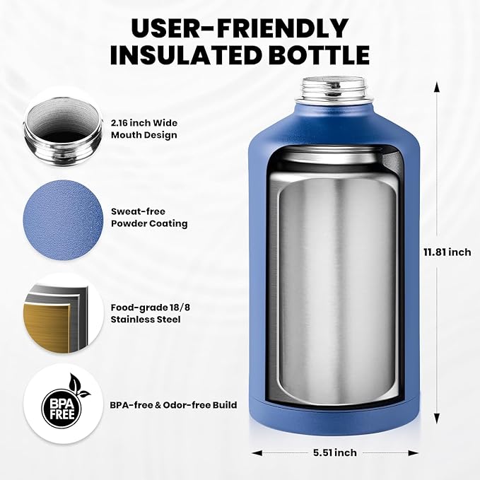 RAYMYLO One Gallon Water Bottle Insulated, Triple Walled Vacuum Stainless Steel (Cold for 48 Hrs), Leak Proof & Non-BPA, Large Water Flask Jug with Paracord Handle & Straw Spout Lids