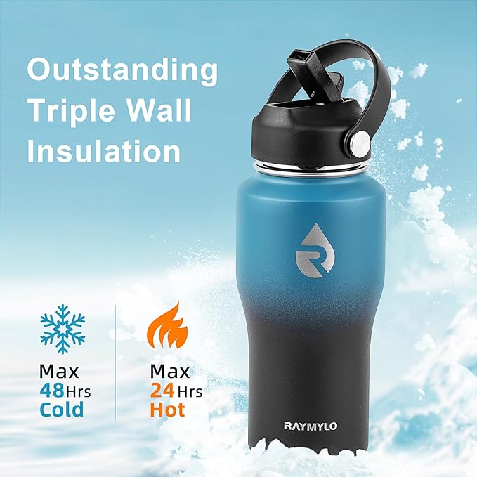 RAYMYLO 18 oz Insulated Water Bottle with Straw fit in Car Cup Holder, Triple Wall Vacuum Stainless Steel(Cold 48 hrs, Hot 24 hrs), Leakproof & Non-BPA, Hydro Travel Flask with Straw and Spout Lid