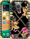 Compatible with iPhone 14 Pro Case, Pink Golden Chain Tropical Flower Luxury Golden Decoration for Girl Women Soft TPU Shockproof Protective Hard PC Back for iPhone 14 Pro