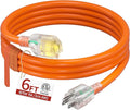 6 FT 14/3 Extension Cord Outdoor, Heavy Duty Weatherproof & Flame Retardant Orange 3 Prong Power Cord with Light, Outside for Lawn & Garden, 15 Amps 1875 Watts 125 VAC 14AWG SJTW, ETL Listed