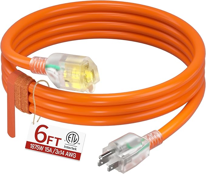 6 FT 14/3 Extension Cord Outdoor, Heavy Duty Weatherproof & Flame Retardant Orange 3 Prong Power Cord with Light, Outside for Lawn & Garden, 15 Amps 1875 Watts 125 VAC 14AWG SJTW, ETL Listed