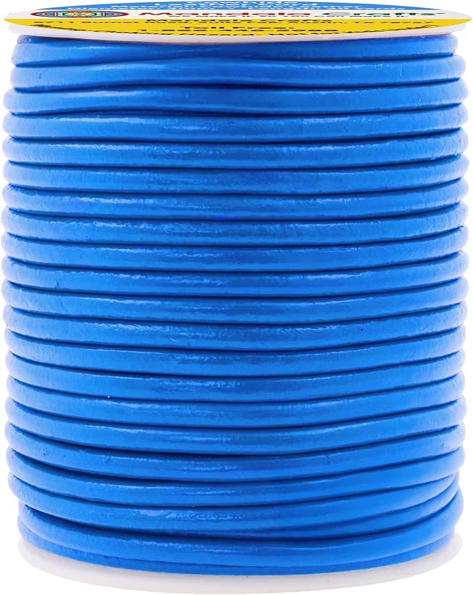 Mandala Crafts Round Genuine Blue Leather Cord for Jewelry Making – 3mm Cowhide Leather Rope String Lace for Kumihimo – 20 Yards Cowhide Craft Cording Spool
