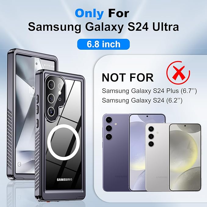 for Samsung Galaxy S24 Ultra Waterproof Case with Magsafe, Built-in Magnetic & Screen Protector, IP68 Certified Full Body Shockproof, for Water Sports Underwater Photography, 6.8" Black
