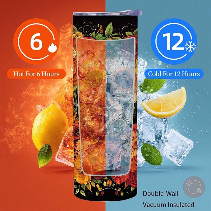 Firmiso 20 oz Tumbler｜Skinny Insulated Travel Mug｜Sugar Skull Floral Design Stainless Steel Cup with Lid and Telescopic Straw｜Gothic Boho Drinkware｜Day of the Dead Gift Idea for Women and Men