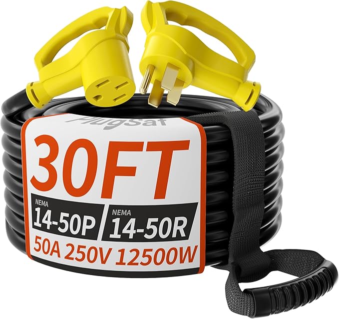 PlugSaf NEMA 14-50P/14-50R 30 FT 50 Amp RV/EV Extension Cord Outdoor with Grip Handle, 4 Prong Flexible Heavy Duty STW RV Power Cord Waterproof, 50A 125/250V 6250/12500W, Black-Yellow, ETL Listed