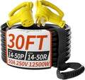PlugSaf NEMA 14-50P/14-50R 30 FT 50 Amp RV/EV Extension Cord Outdoor with Grip Handle, 4 Prong Flexible Heavy Duty STW RV Power Cord Waterproof, 50A 125/250V 6250/12500W, Black-Yellow, ETL Listed