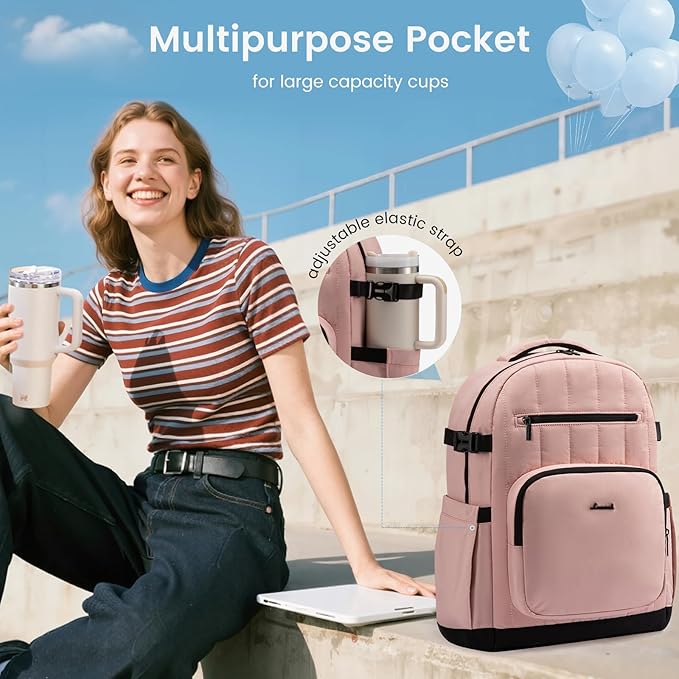 LOVEVOOK Laptop Backpack for Women with Giant Tumbler Holder Pocket,17 Inch Puffer Travel College Work Backpack Purse for Teacher Nurse,Waterproof Laptop Bag Computer Back Pack Daypack,Pink-Black