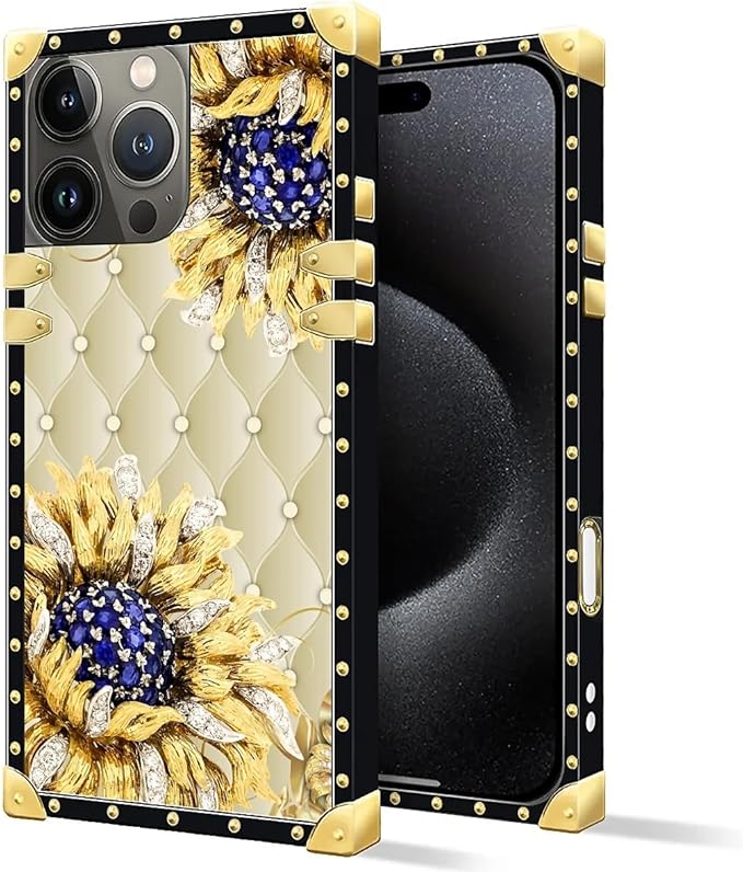 Compatible with iPhone 16 Pro Max Case, Sunflower Diamonds Leather Luxury Golden Decoration for Girl Women Soft TPU Shockproof Protective Hard PC Back for iPhone 16 Pro Max