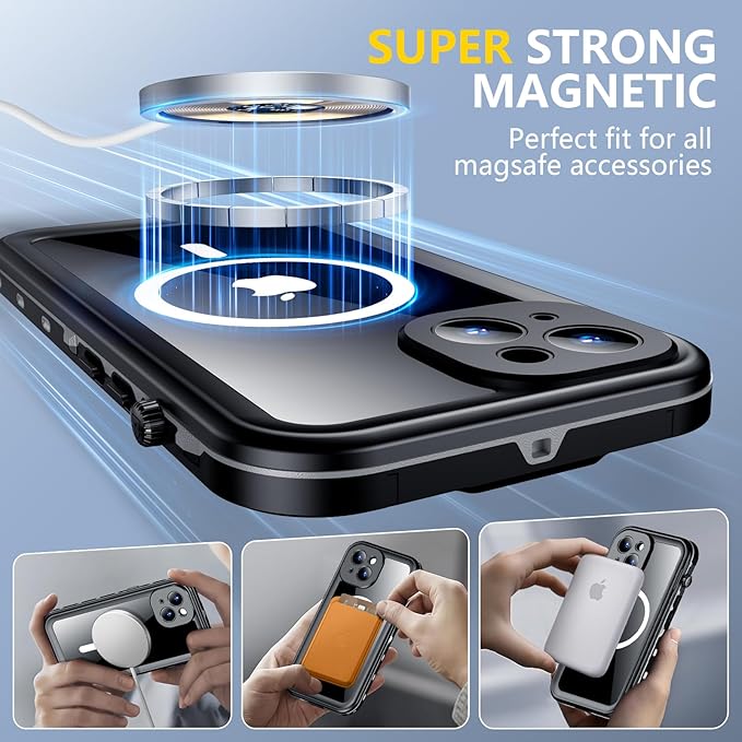 Red2Fire for iPhone 14 Case Waterproof, [Built-in Screen Protector & Camera Protector][Compatible with MagSafe][Full Body Shockproof][IP68 Waterproof][Dustproof] Phone Case 6.1" Black/Clear