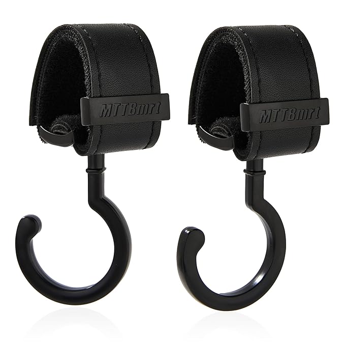 2 Pack Stroller Hooks,Strong Synthetic Leather Hook-and-Loop Fastener&High-Quality Metal Hooks,Universal Bag Clip|360° Rotation, 66lb Capacity,Non-Slip-Fits Wheelchair(Black-Black)