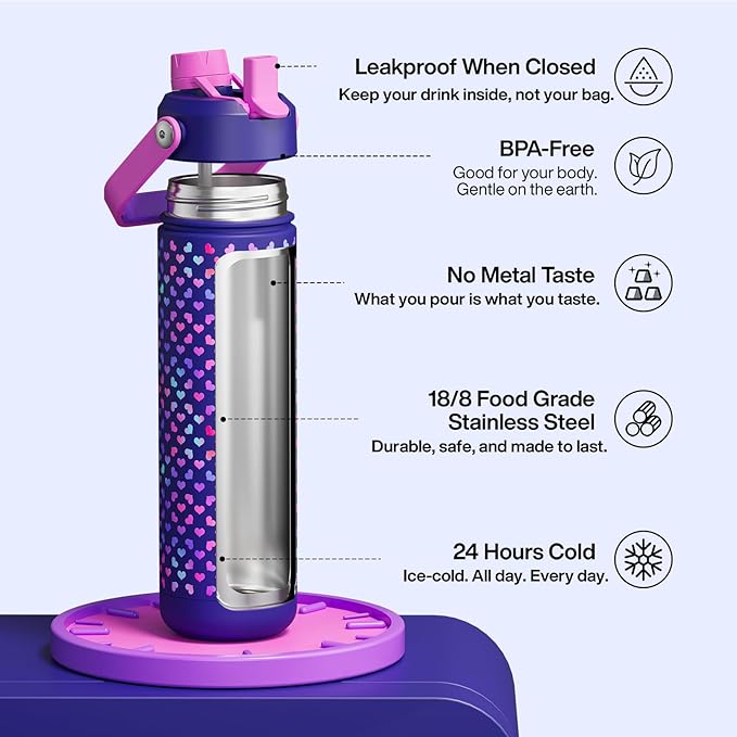 ENCOOL Insulated Water Bottle with Straw Stainless Steel Water Bottle, Glow in the Dark, Leak-Proof, BPA-Free, Keeps Cold for 24 Hours for Sports, Travel, School (26 oz, Heartfield)