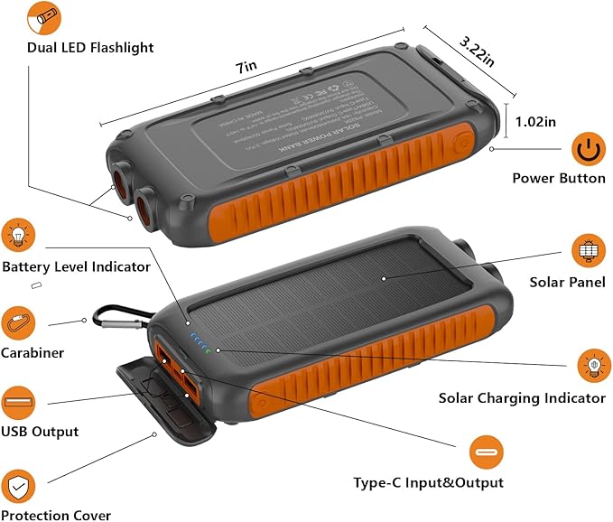 Solar Charger Power Bank 49800mAh Portable Solar Phone Charger with 2 USB-A and Type-C Interface, 15W Fast Charging for iPhone, Samsung etc. Portable Battery Charger with Dual Flashlight for Camping