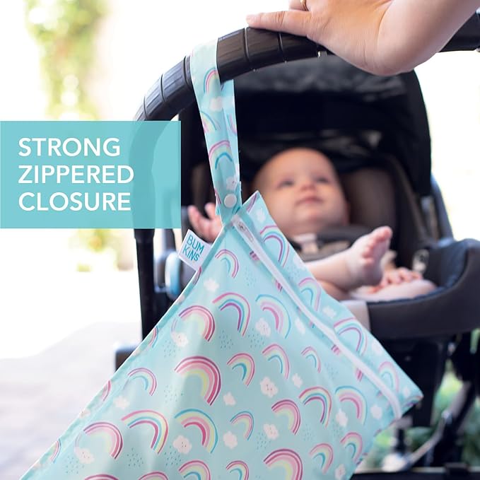 Bumkins Waterproof Wet Bag for Baby, Travel, Swim Suit, Cloth Diapers, Pump Parts, Pool, Beach, Gym Clothes, Toiletry, Hook to Stroller, Daycare, Zipper Reusable Wetdry Packing Pouch, Rainbows Blue