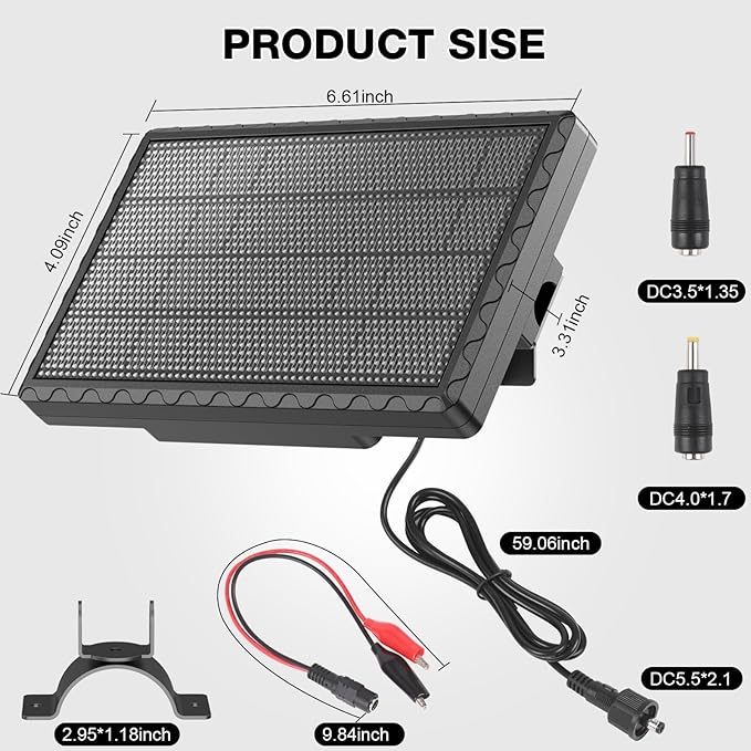 Solar Panel for Deer Feeder, 6V 1.98W Solar Panel Outdoor IP65 Waterproof, Battery Charger 6Volt with Mounting Bracket and Alligator Clip, DC 5.5*2.1, 3.5*1.35 and 4.0*1.7 Interfaces for Game Feeder