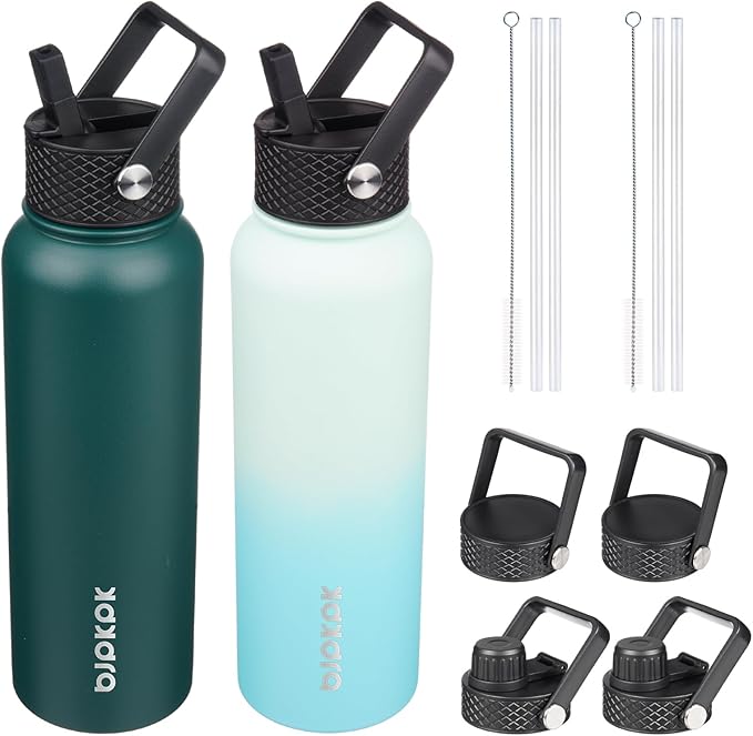 BJPKPK 2 Pack Insulated Water Bottles with Straw Lids, 40ozStainless Steel Metal Water Bottle with 6 Lids, Leak Proof BPA Free Jugs, Cups, Flasks for Travel, Sports (Army Green+Mint)
