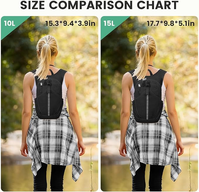 Small Hiking Backpack 15L- Lightweight Packable Foldable Backpack for Travel Camping Outdoor Commute, Compact Rucksack for Women Men(Black)