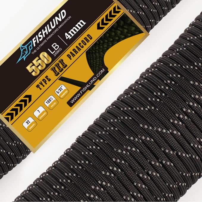 Reflective Paracord 550 lb, 7 Strand Paracord Rope 100ft 4mm, Nylon Parachute Cord for Camping, Black