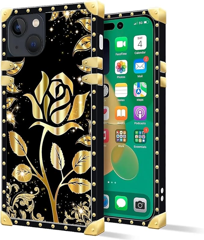 Compatible with iPhone 14 Case, Shine Gold Rose Luxury Golden Decoration for Girl Women Soft TPU Shockproof Protective Hard PC Back for iPhone 14