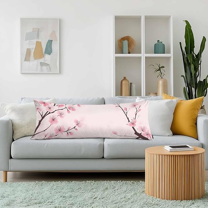 Couch Pillows Decorative Body Pillow Cover Cherry Blossom, Japanese Cherry Pink Rectangle Body Pillowcase for Men Women, Body Pillow Covers 20" X 54" Cushion Cases for Sofa Bed
