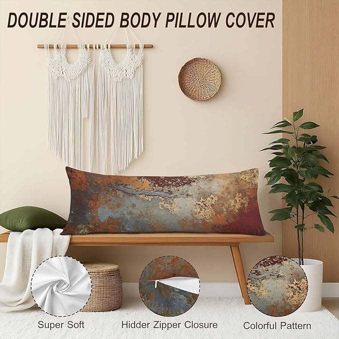 Grunge Rust Decorative Body Pillowcase 20"X54", Metal Rusty Steel Brown Outdoor Body Pillow Covers Throw Pillow Cushion Covers Oversized Body Pillow Cases for Home Patio Office