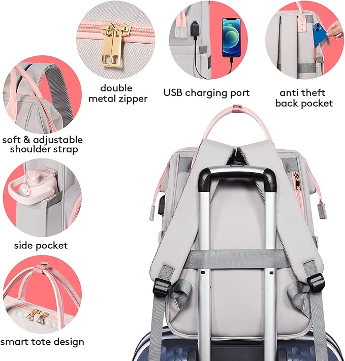 Kaome Lunch Backpack 15.6 Inch Laptop Backpack for Women with USB Port Nurse Gift Teacher Work Backpack Cooler Insulated Lunch Bag Waterproof Daypacks for Work Picnic Travel Anti-theft