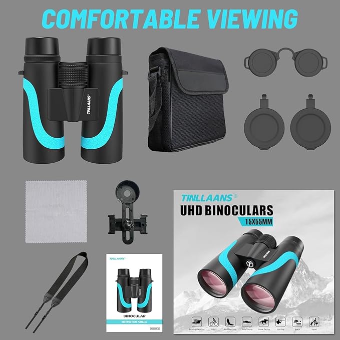 15x55 UHD Binoculars for Adults High Powered with Phone Adapter - Large View, BAK4 Prism, Waterproof, Lightweight for Bird Watching, Hunting, Cruise, Travel, Sports (Blue)