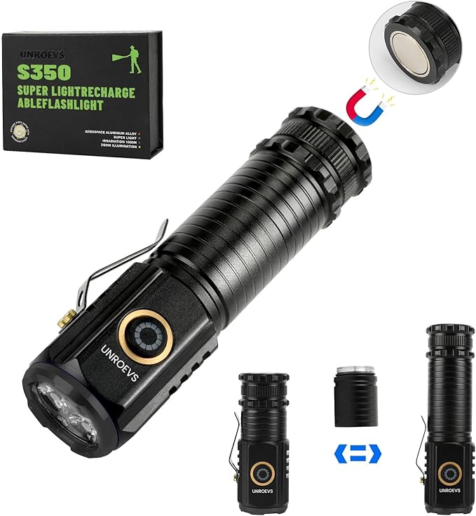 UNROEVS 2550 Lumen 2-in-1 Small Flashlight,Led Rechargeable Flashlights High Lumens USB C Charge,Small Powerful Flashlights with 5 Modes, Magnetic Flashlight for Camping, Hiking, Emergency