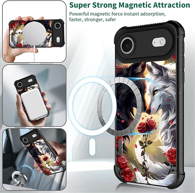for iPhone 17 Air Case,for MagSafe Graphic Design for Girl Boy Soft Silicone Hard Acrylic Shock Protection Designed for iPhone 17 Air Black White Wolf Moon Flower Rose Pattern