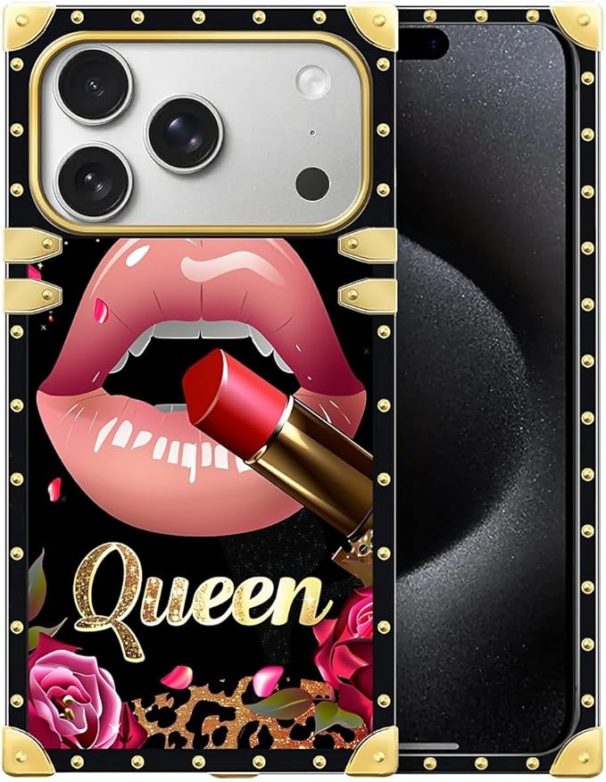 for iPhone 17 Pro Max Case Luxury Golden Decoration for Girl Women Soft TPU Shockproof Protective Hard PC Back for iPhone 17 Pro Max Crazy Pattern Glitter Red Rose Queen Leopard Lipstick