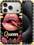 for iPhone 17 Pro Max Case Luxury Golden Decoration for Girl Women Soft TPU Shockproof Protective Hard PC Back for iPhone 17 Pro Max Crazy Pattern Glitter Red Rose Queen Leopard Lipstick