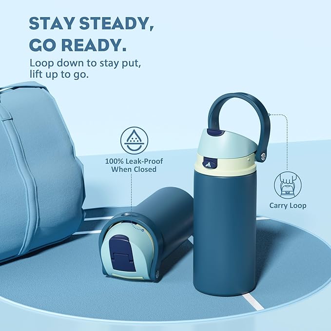 POWCAN 18 oz Insulated Stainless Steel Water Bottle: 2-in-1 Push-Button Spout & Quick-Flip Straw, Leakproof, Cold 24 Hrs, Fits Car Cup Holder, Reusable Metal Bottle for Sports(Denim Blue)