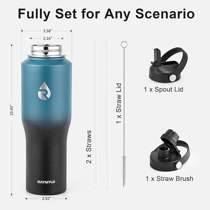 RAYMYLO 32 oz Insulated Water Bottle with Straw fit in Car Cup Holder, Triple Wall Vacuum Stainless Steel(Cold 48 hrs, Hot 24 hrs), Leakproof & Non-BPA, Hydro Travel Flask with Straw and Spout Lid