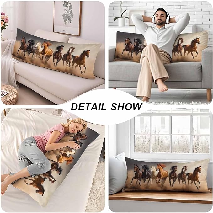 20x54 Body Pillow Cover Horse Zipper Body Pillowcase Western Stallion Horses Side Sleeper Pillow Covers Body Pillow Cushion Cover for Men Women Home Bedroom