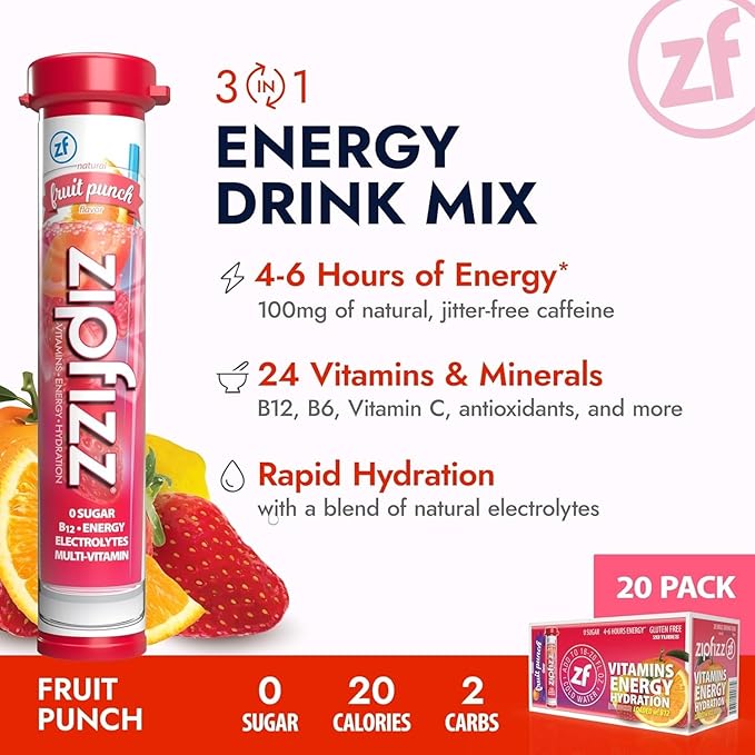 Zipfizz Daily Energy Drink Powder, Fruit Punch, 20 Pack 3-in-1 Sustained Energy, Rapid Hydration, and Essential Vitamins Sugar-Free Electrolyte Powder Contains Vitamin B-12 & Antioxidants